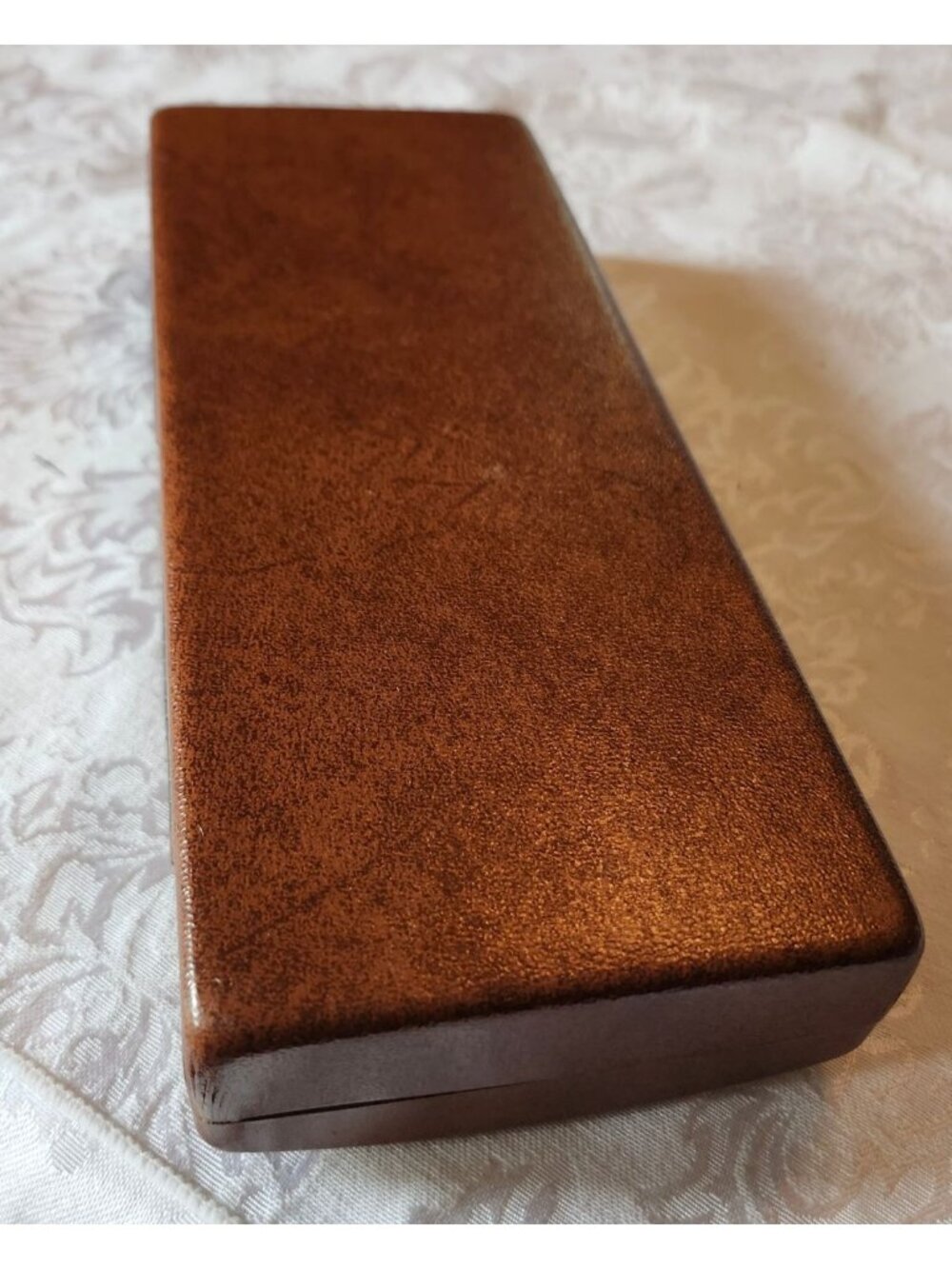 Vintage 1970s Shields Mens Brown Gold Crown Pattern Jewelry Box Clamshell Velour - Picture 6 of 9